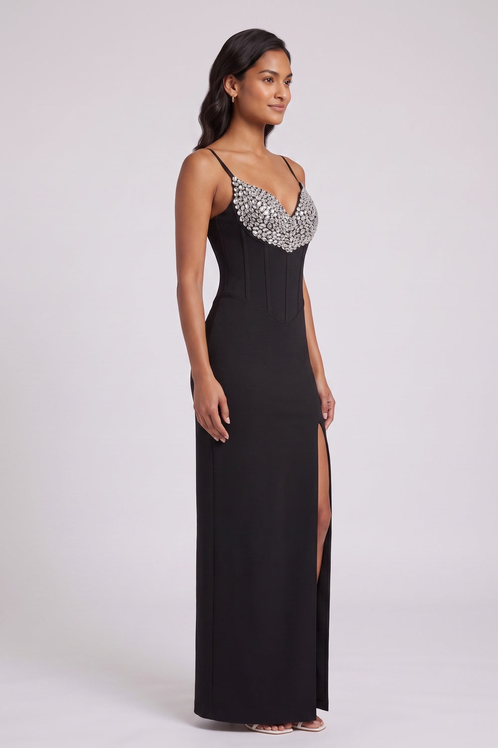 4556040aaf52b305 BLACK HEAVY KNIT COLUMN GOWN EVENING