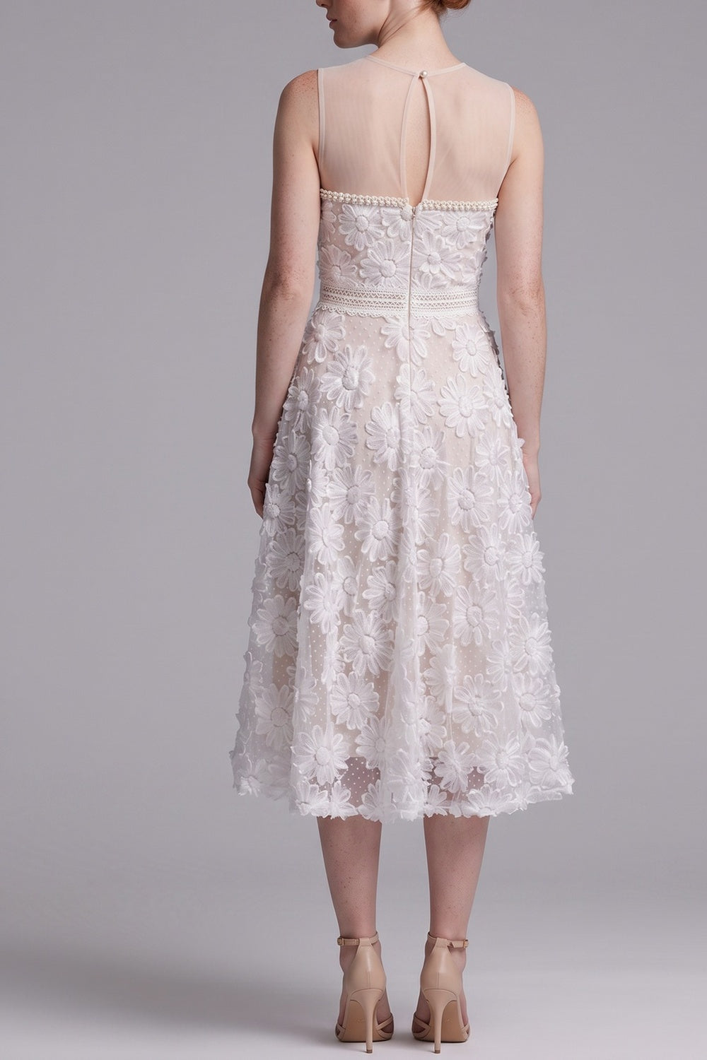 458299961dbeb97d SHEER MESH MOCK NECK SLEEVELESS 3D FLORAL TULLE MIDI DRESS