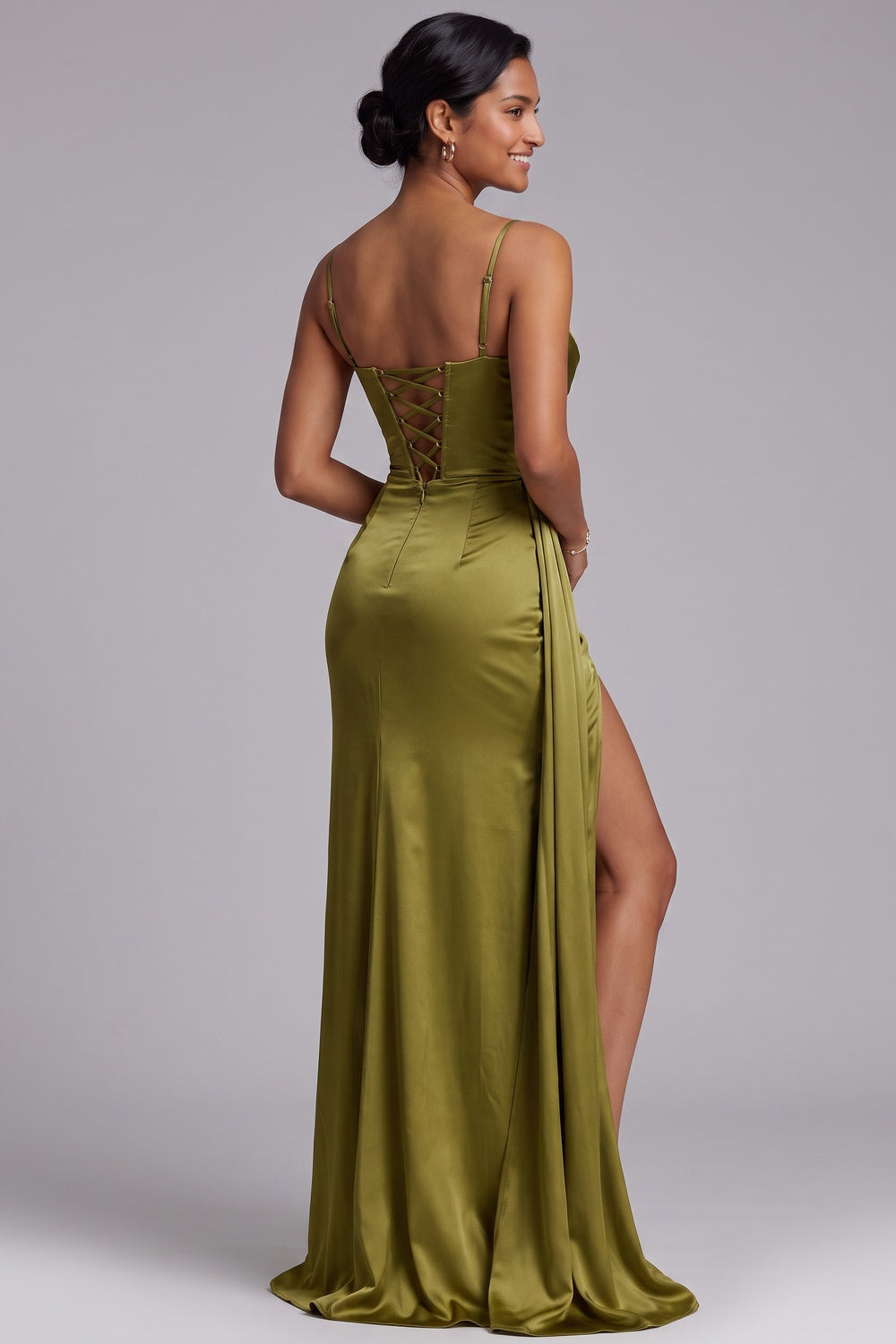 45972cbdea0a19be OLIVE SATIN DRAPED GOWN, HIGH SLIT EVENING DRESS