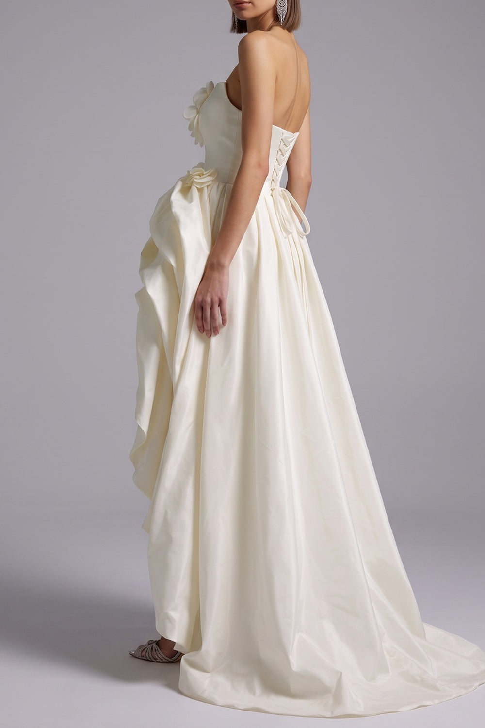 STRAPLESS 3D FLOWER HIGH-LOW SATIN PROM GOWN