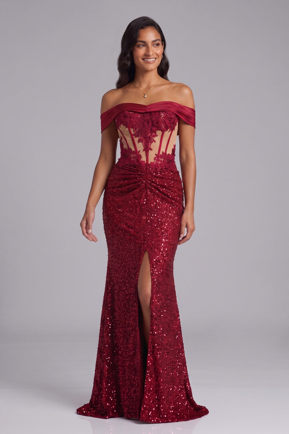 4627957940e2d06b DEEP RED SEQUIN OFF-SHOULDER MERMAID EVENING GOWN