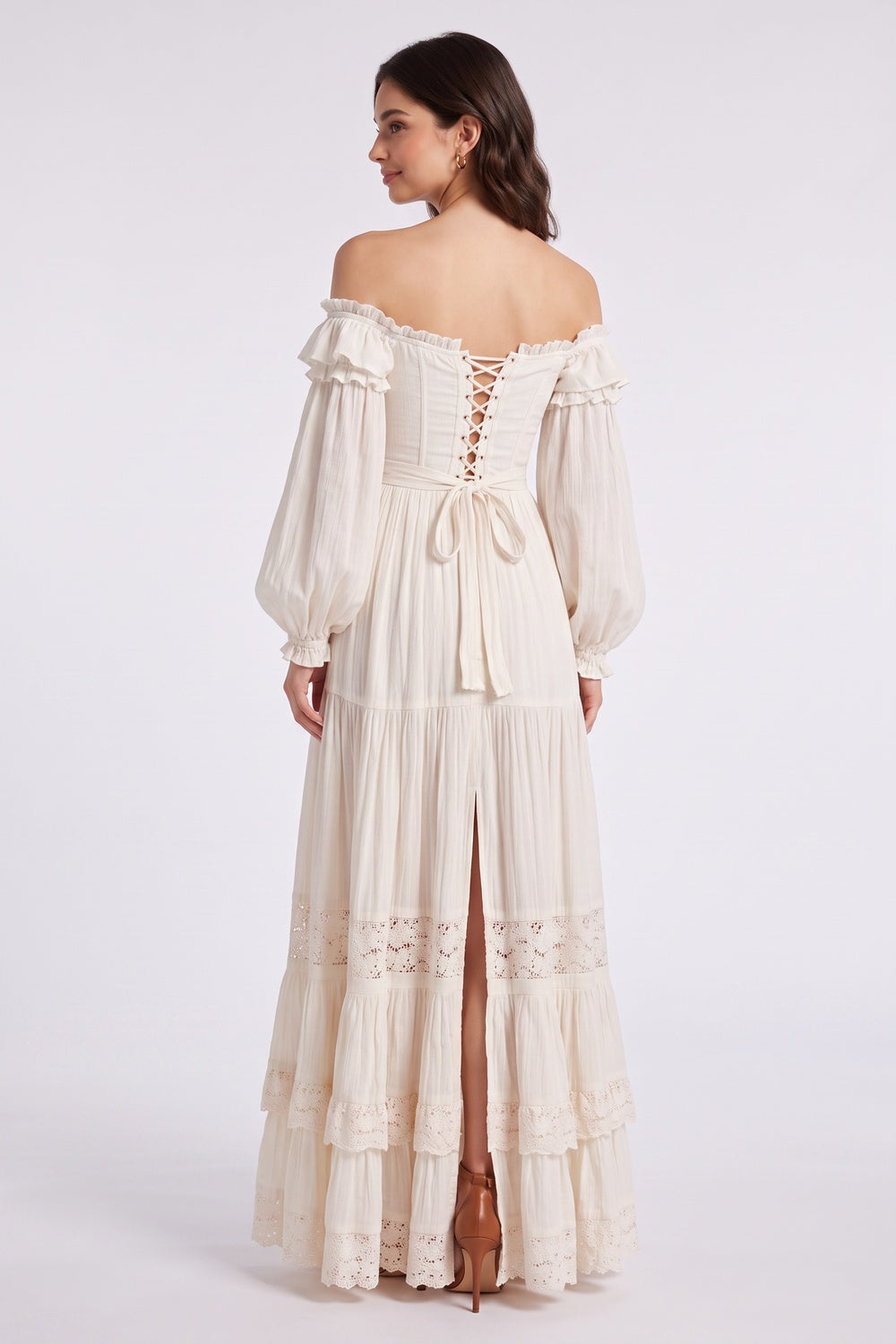 4680c37686ceac56 CREAM OFF-SHOULDER TIERED LACE MAXI DRESS