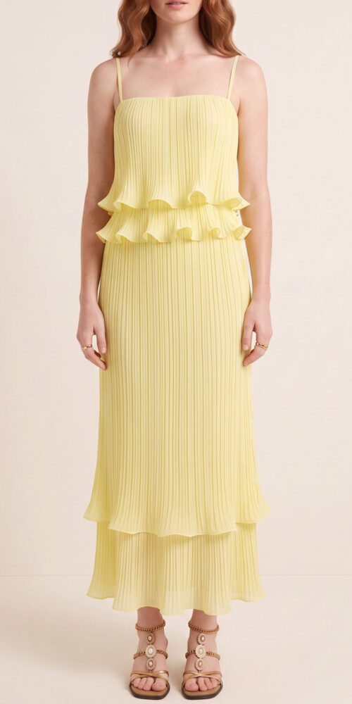 46a8369bd3d1cdd5 PLEATED RUFFLE CAMI TOP & TIERED MIDI SKIRT SET