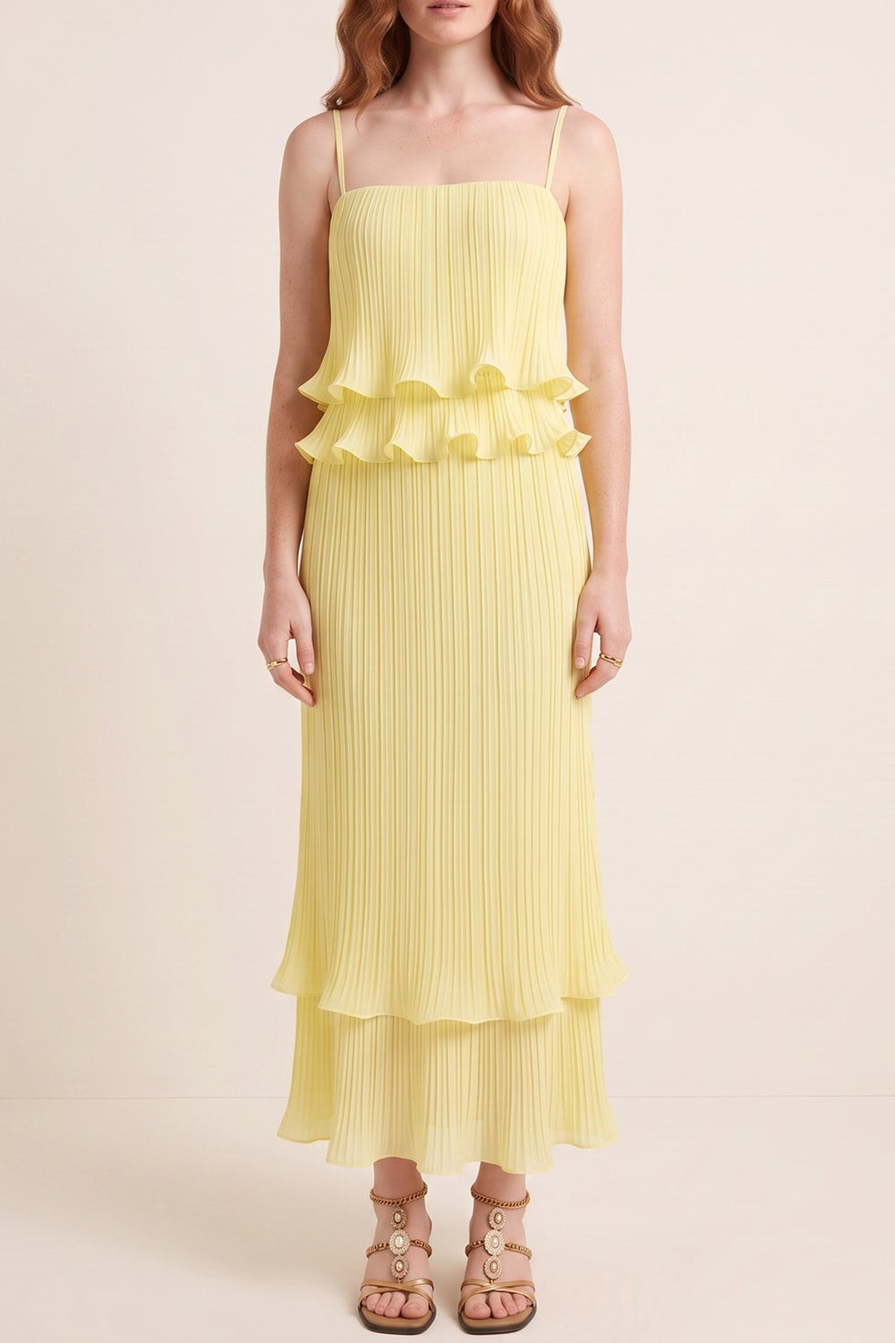 46a8369bd3d1cdd5 PLEATED RUFFLE CAMI TOP & TIERED MIDI SKIRT SET