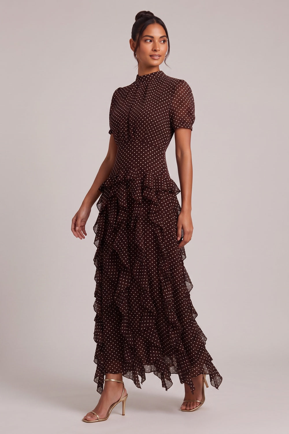 46aba0defa10ca6a BROWN POLKA DOT TIERED RUFFLE MIDI DRESS