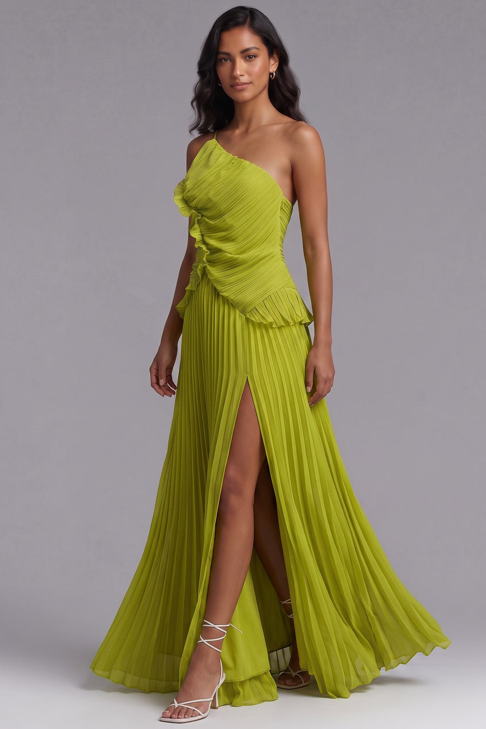 46eced6ce88af814 LIME GREEN CHIFFON A-LINE EVENING GOWN