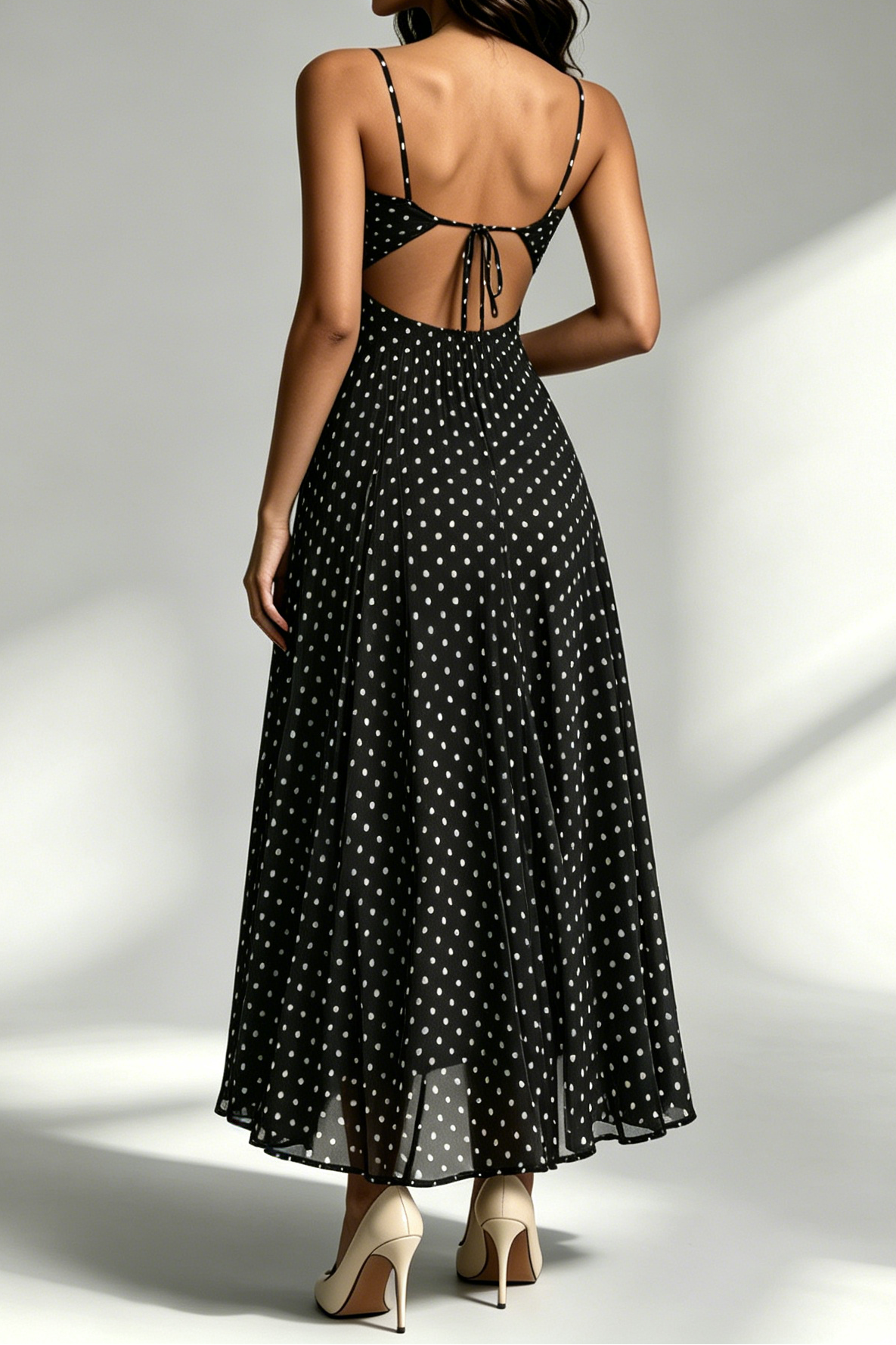 47 BLACK WHITE POLKA DOT CRISSCROSS STRAPPY CUTOUT PLEATED MIDI DRESS