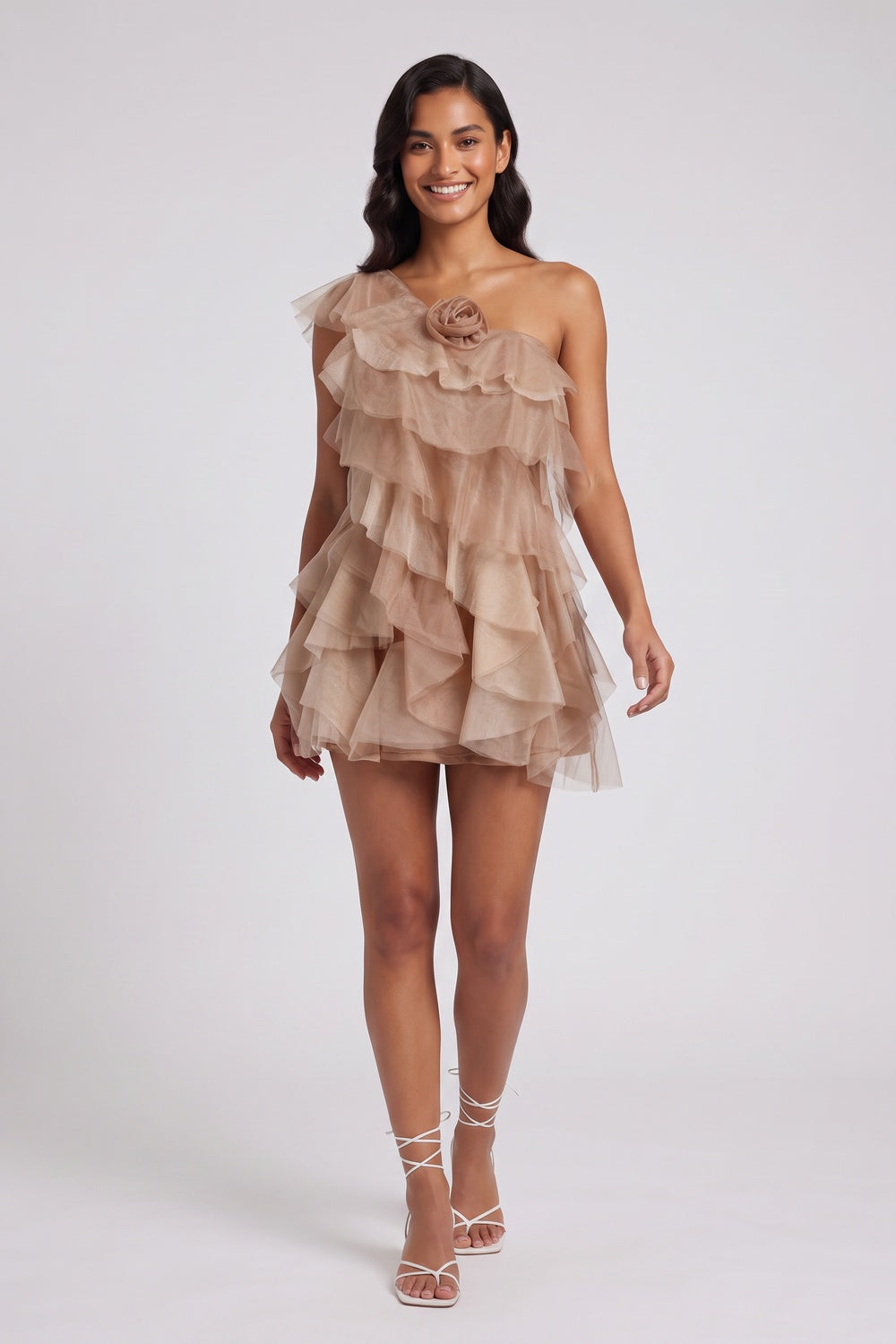 471fca86b0f5cb62 TAUPE TIERED TULLE A-LINE MINI DRESS FOR PARTY