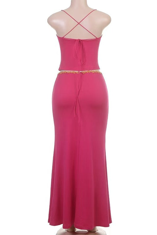 HOT PINK BEADED HALTER TOP & MERMAID MAXI SKIRT SET