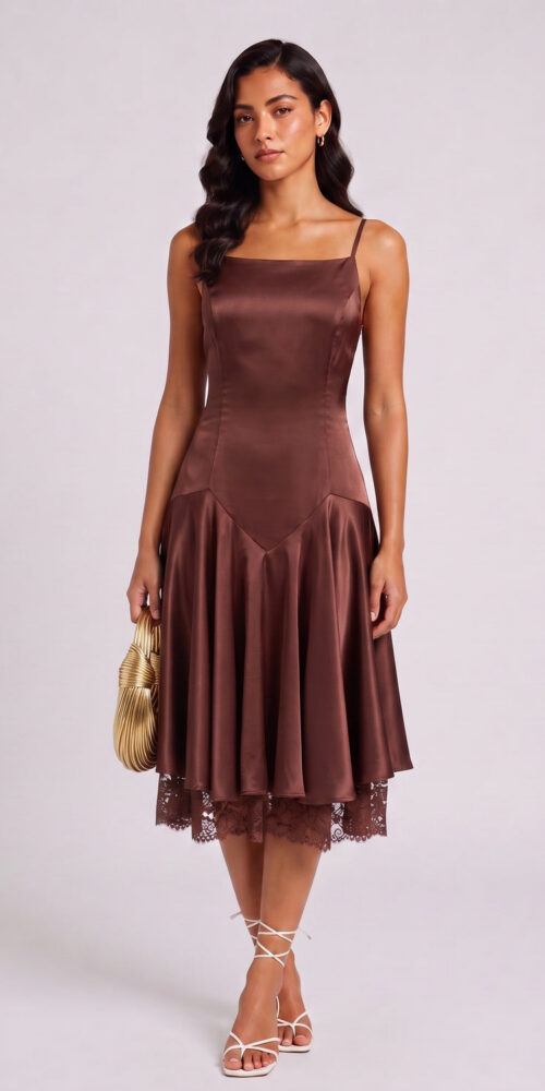 473bc6b477de1460 CHOCOLATE SATIN LACE HEM MIDI DRESS, SPAGHETTI STRAP