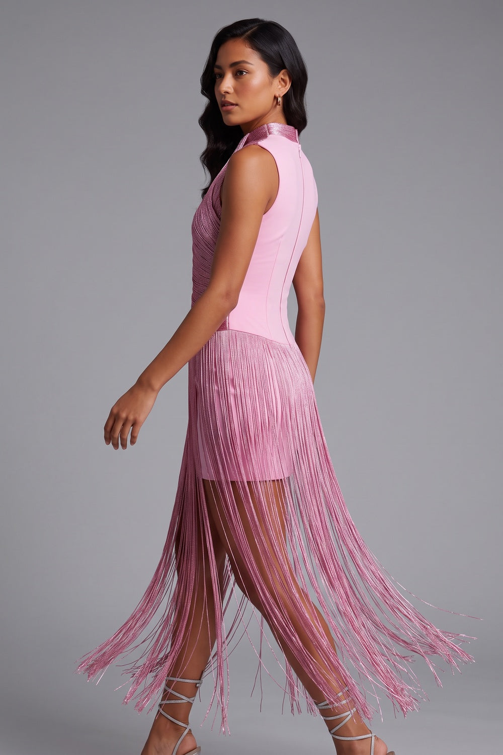 47596ef9662ee542 METALLIC TWIST NECK FRINGE MIDI DRESS, PARTY