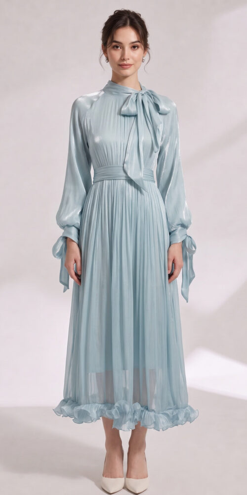 LIGHT BLUE SATIN A-LINE COCKTAIL DRESS