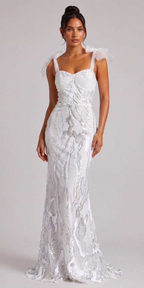 WHITE SEQUIN BOW STRAP GOWN, FLOOR-LENGTH EVENING DRESS