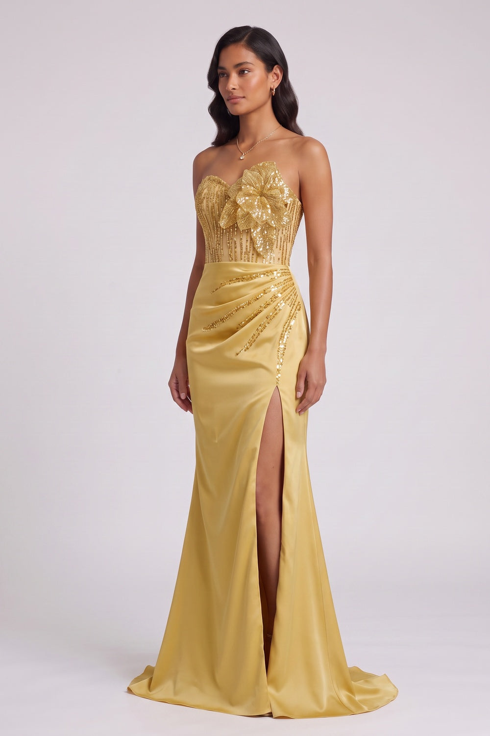 GOLD SEQUIN STRAPLESS MERMAID EVENING GOWN