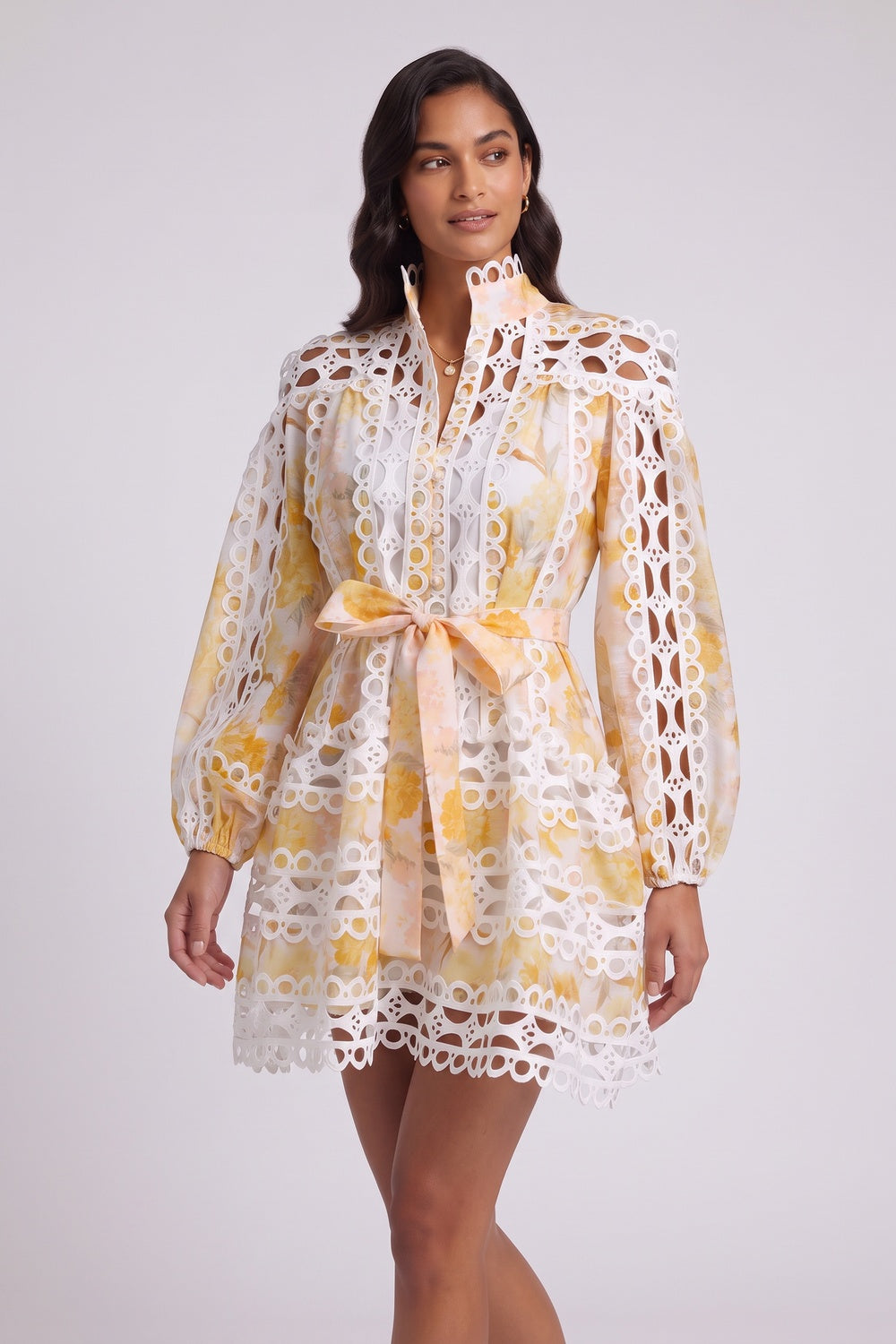 4865b36d1c9e3558 WHITE YELLOW FLORAL LACE A-LINE MINI DRESS