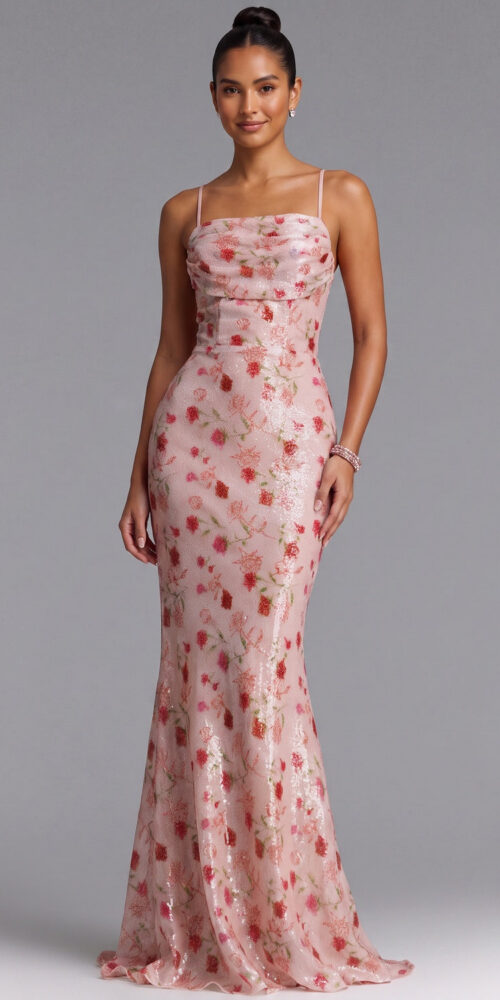 BLUSH PINK SEQUIN MERMAID GOWN, LACE-UP BACK, PROM