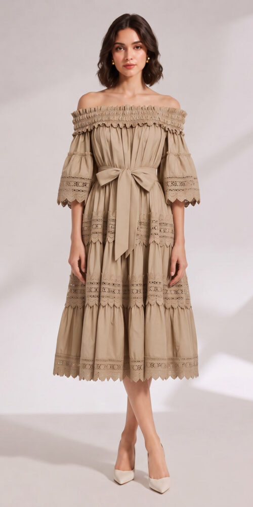 BEIGE OFF-SHOULDER TIERED MIDI DRESS LACE