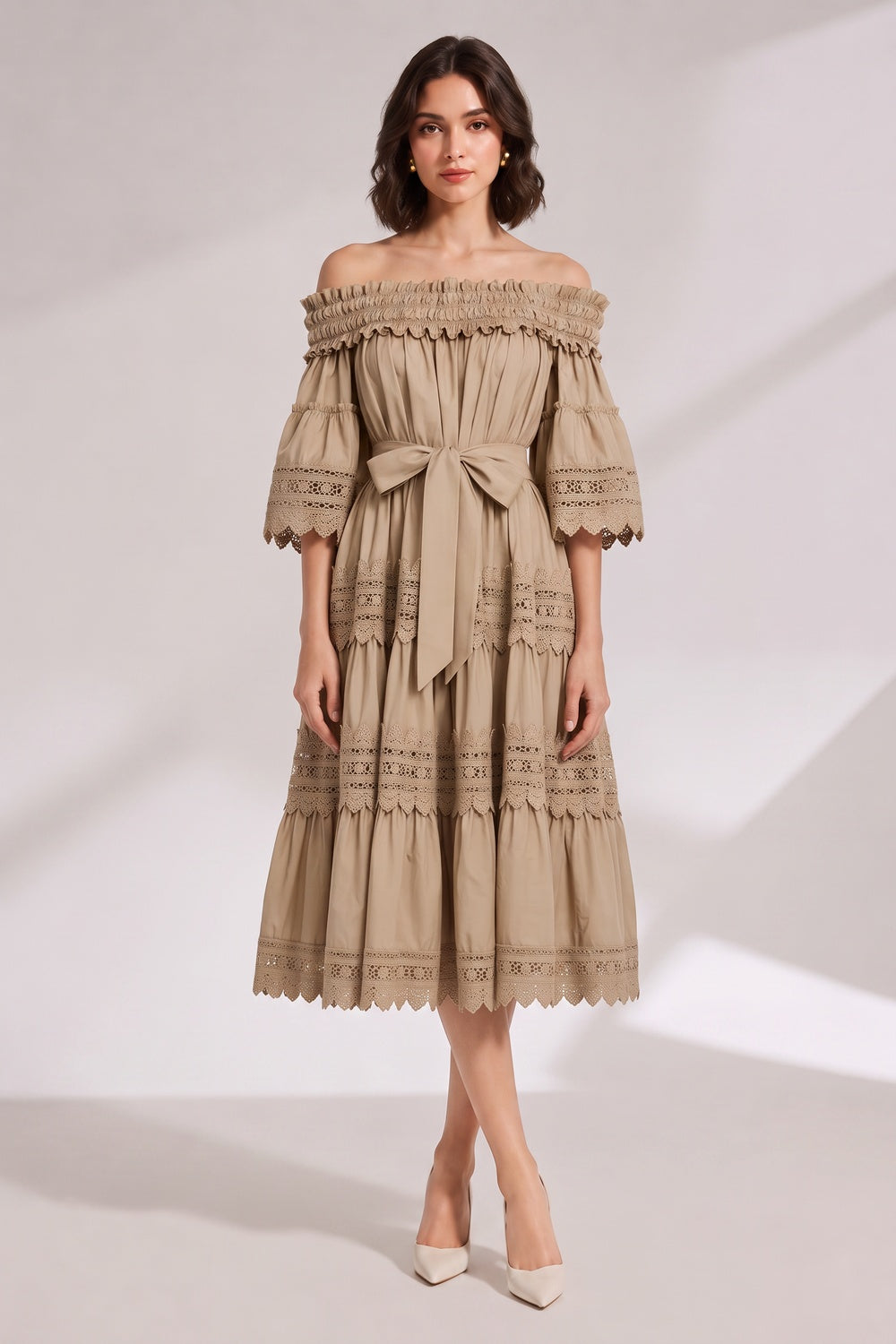 BEIGE OFF-SHOULDER TIERED MIDI DRESS LACE