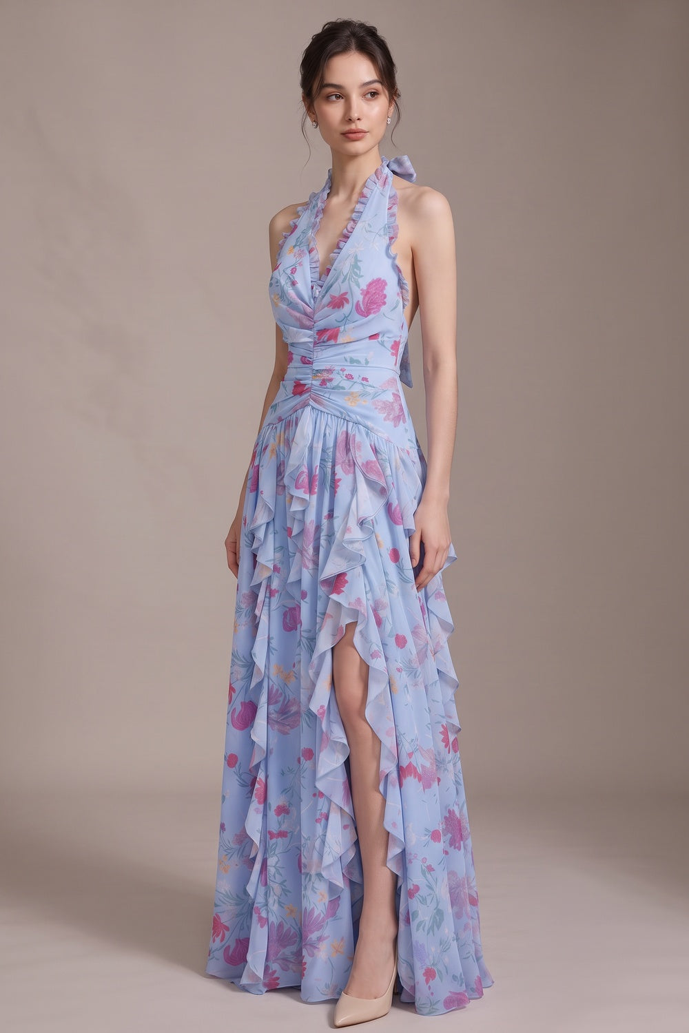 4922cbf826525ec2 LIGHT BLUE CHIFFON FIT-AND-FLARE EVENING GOWN
