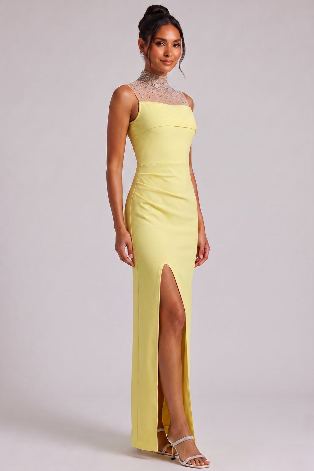 4959b3465159a9a1 YELLOW BEADED NECKLINE MAXI DRESS FOR EVENTS