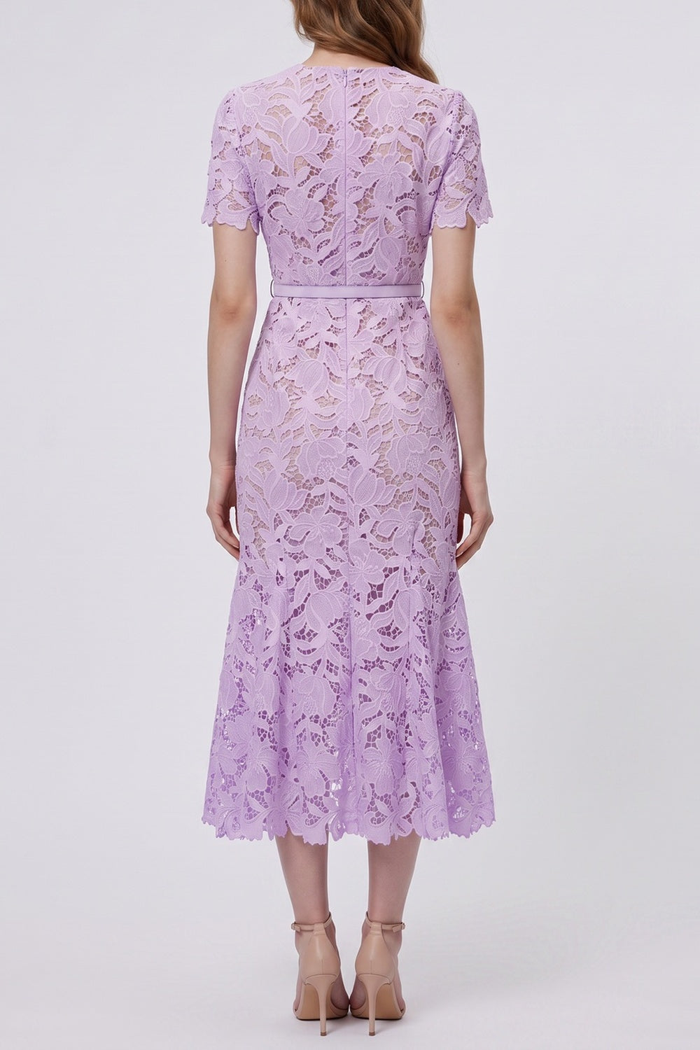 LILAC LACE MIDI DRESS | SHORT SLEEVE FLORAL WEDDING GUEST