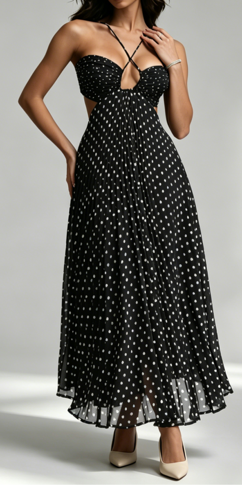 49_694a03bc-d7de-4b99-b114-02ad9f0f530b BLACK WHITE POLKA DOT CRISSCROSS STRAPPY CUTOUT PLEATED MIDI DRESS