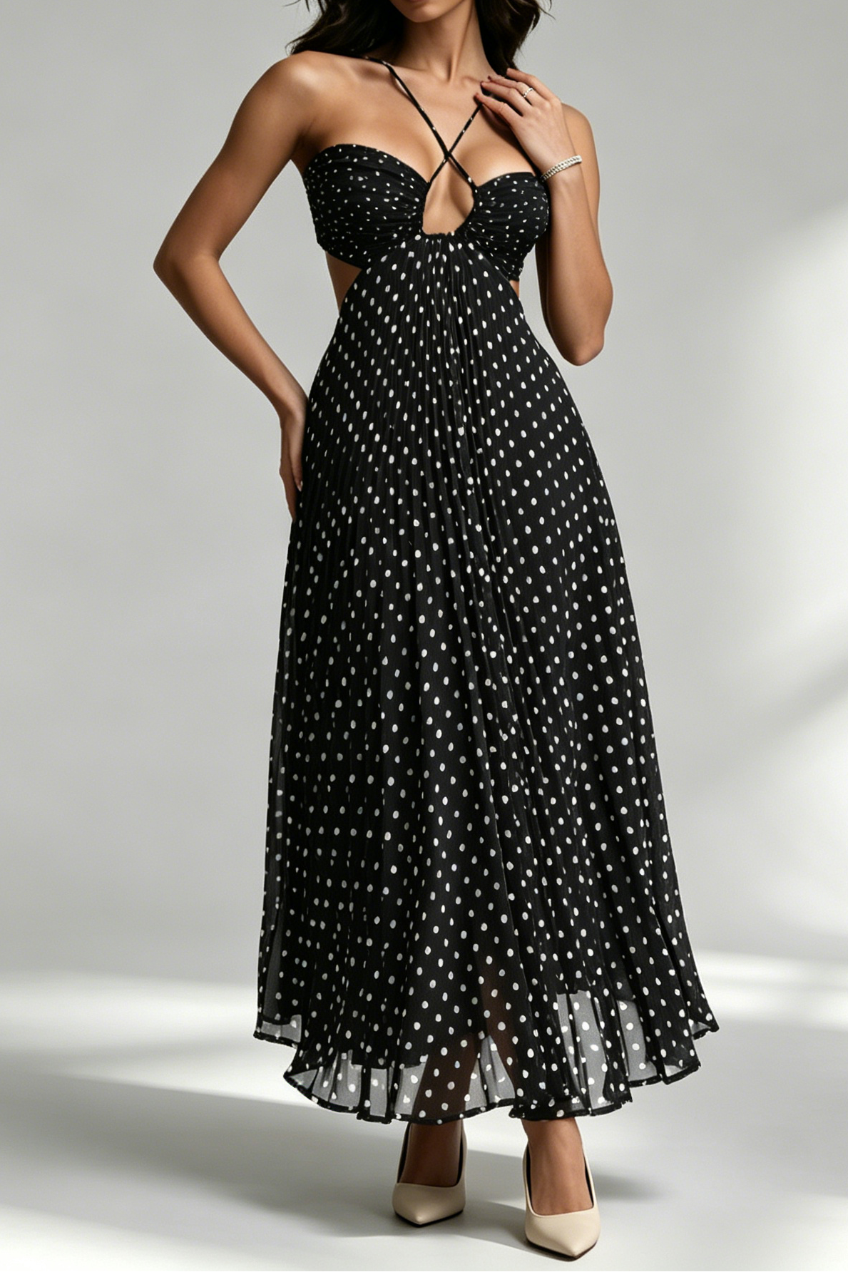 49_694a03bc-d7de-4b99-b114-02ad9f0f530b BLACK WHITE POLKA DOT CRISSCROSS STRAPPY CUTOUT PLEATED MIDI DRESS