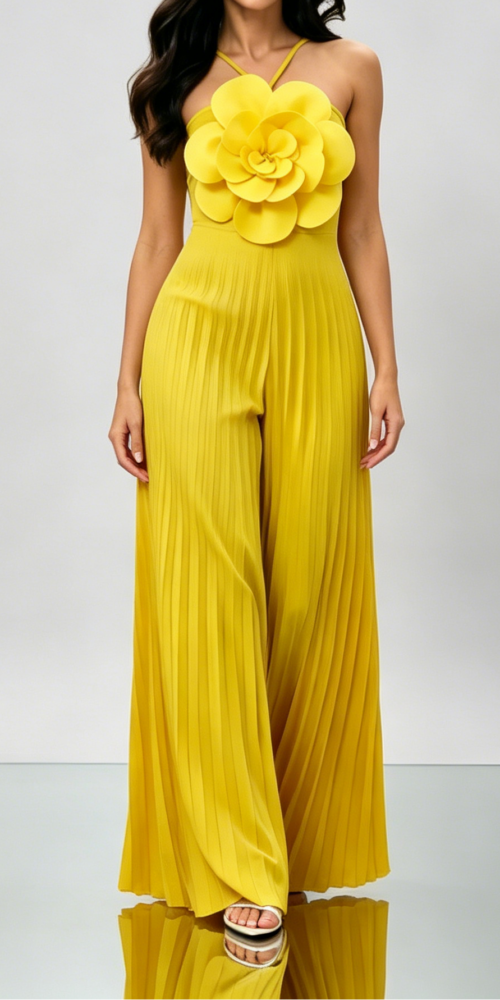 4_0654b97b-251e-401a-a1db-f129bff1a694 BRIGHT YELLOW 3D FLORAL HALTER WIDE LEG JUMPSUIT