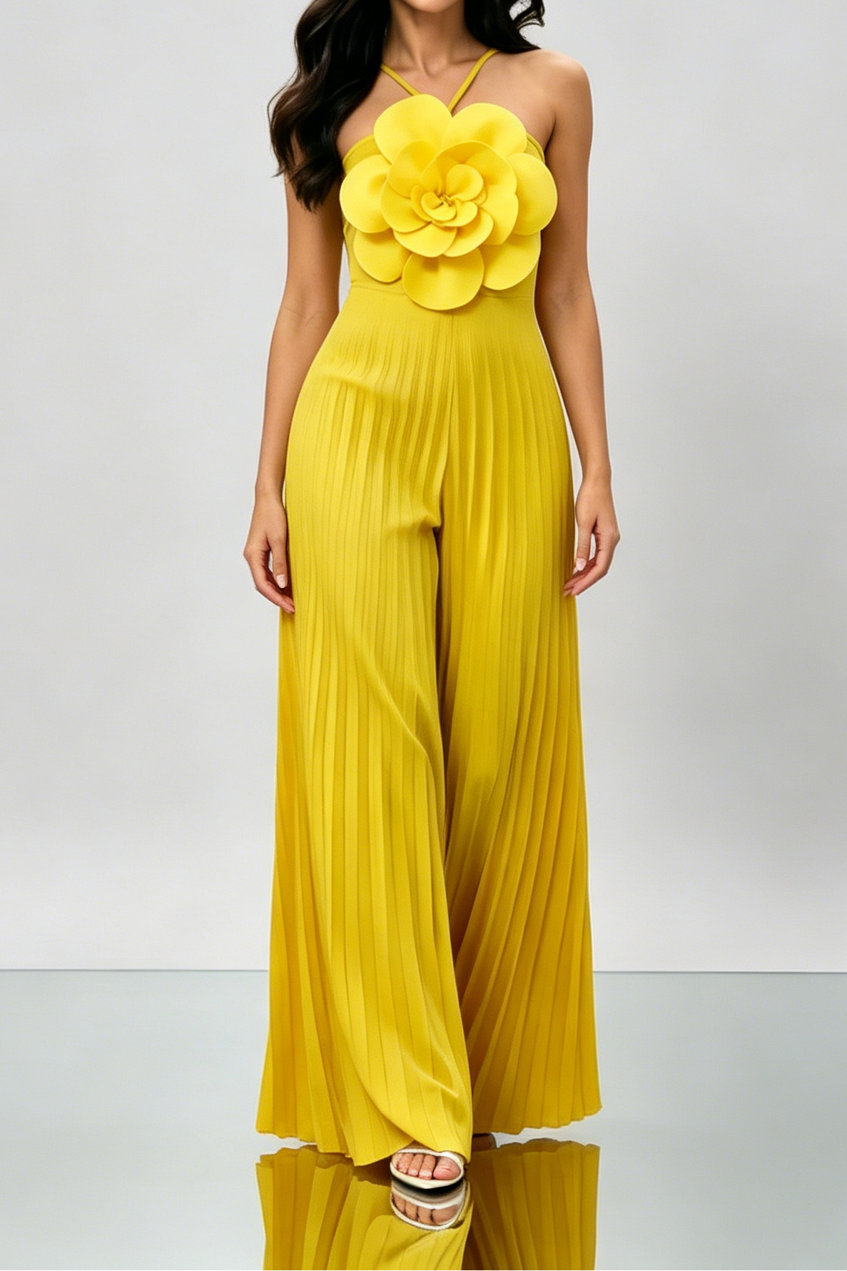 4_0654b97b-251e-401a-a1db-f129bff1a694 BRIGHT YELLOW 3D FLORAL HALTER WIDE LEG JUMPSUIT