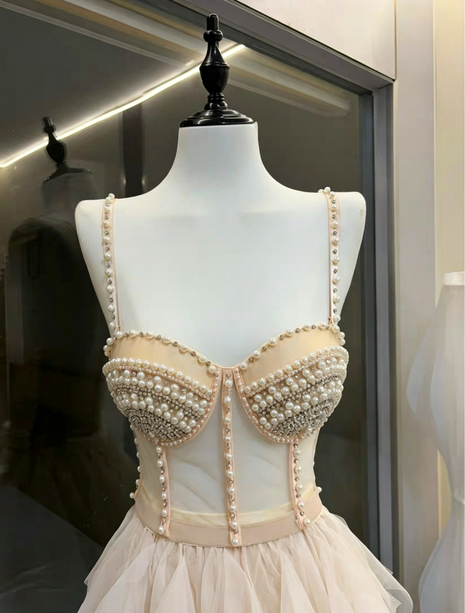 4_c5c965a8-c6f8-4b88-8940-7f38ad91d4ff CREAM STRAPLESS PEARL CORSET TOP & HIGH-LOW RUFFLE TULLE SKIRT SET