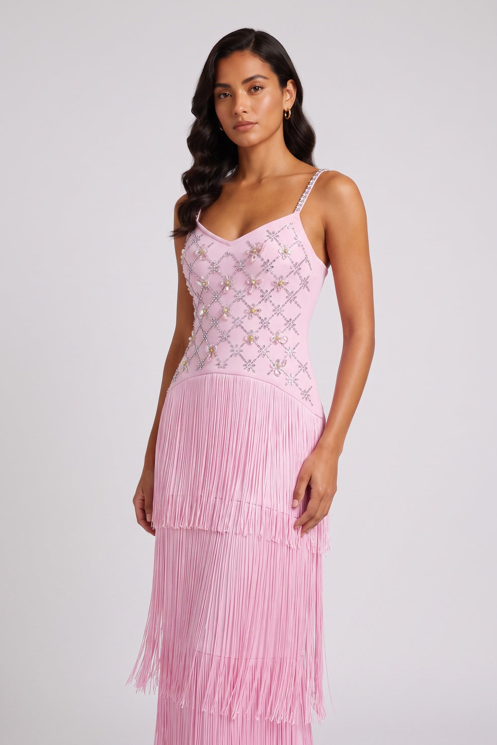 4a0ff7dbbf476784 RHINESTONE FLORAL FRINGE STRAP MAXI DRESS