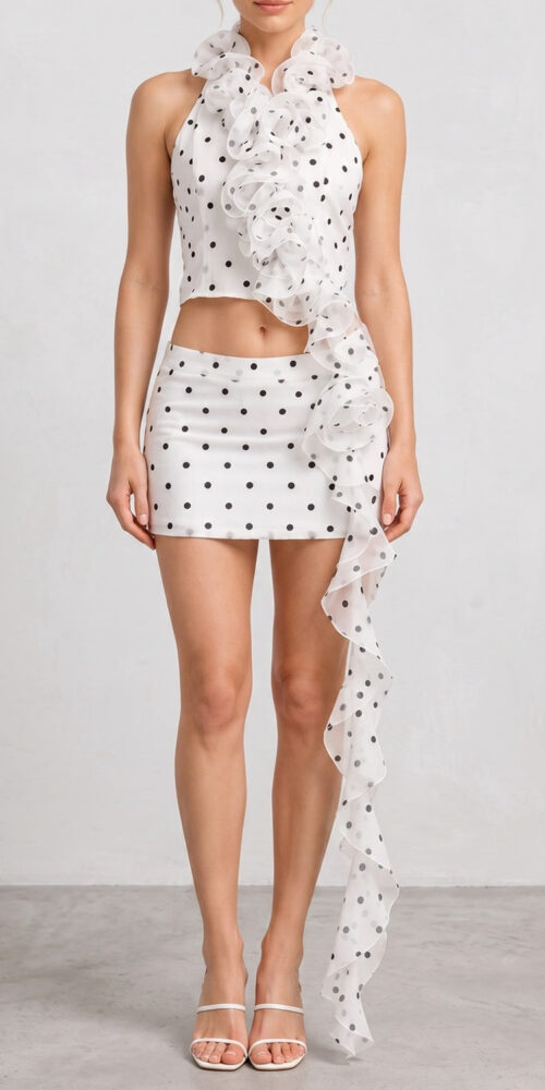 4a20bfeb5ef7292c POLKA DOT RUFFLE HALTER CROP TOP & SKIRT SET