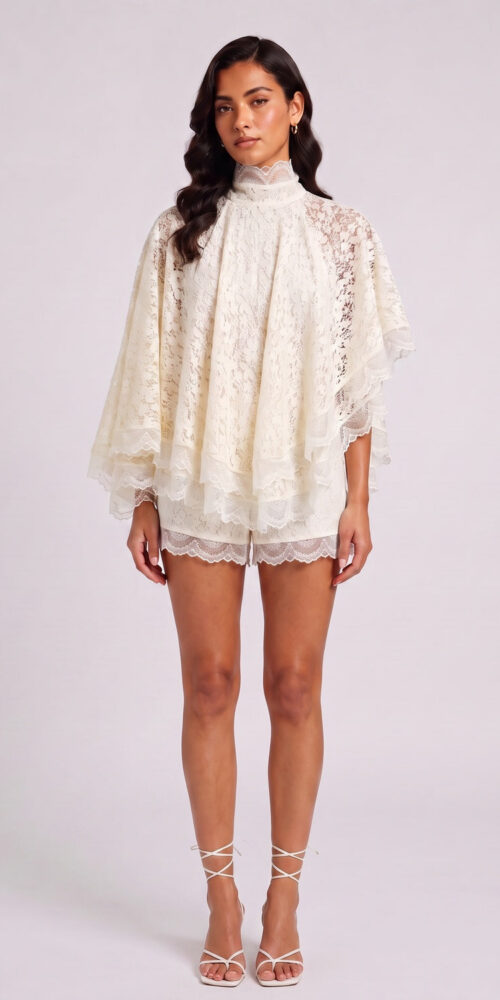 4a7c8e8b4b18cabe CREAM LACE CAPE BLOUSE & SHORTS TWO-PIECE WEDDING SET