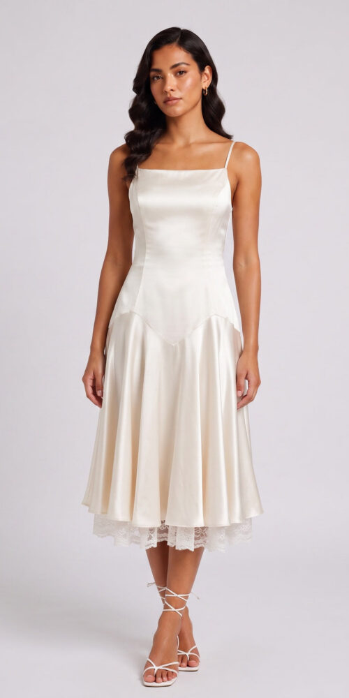 4a7e4f0453af3467 IVORY SATIN MIDI SLIP DRESS, SPAGHETTI STRAP LACE HEM