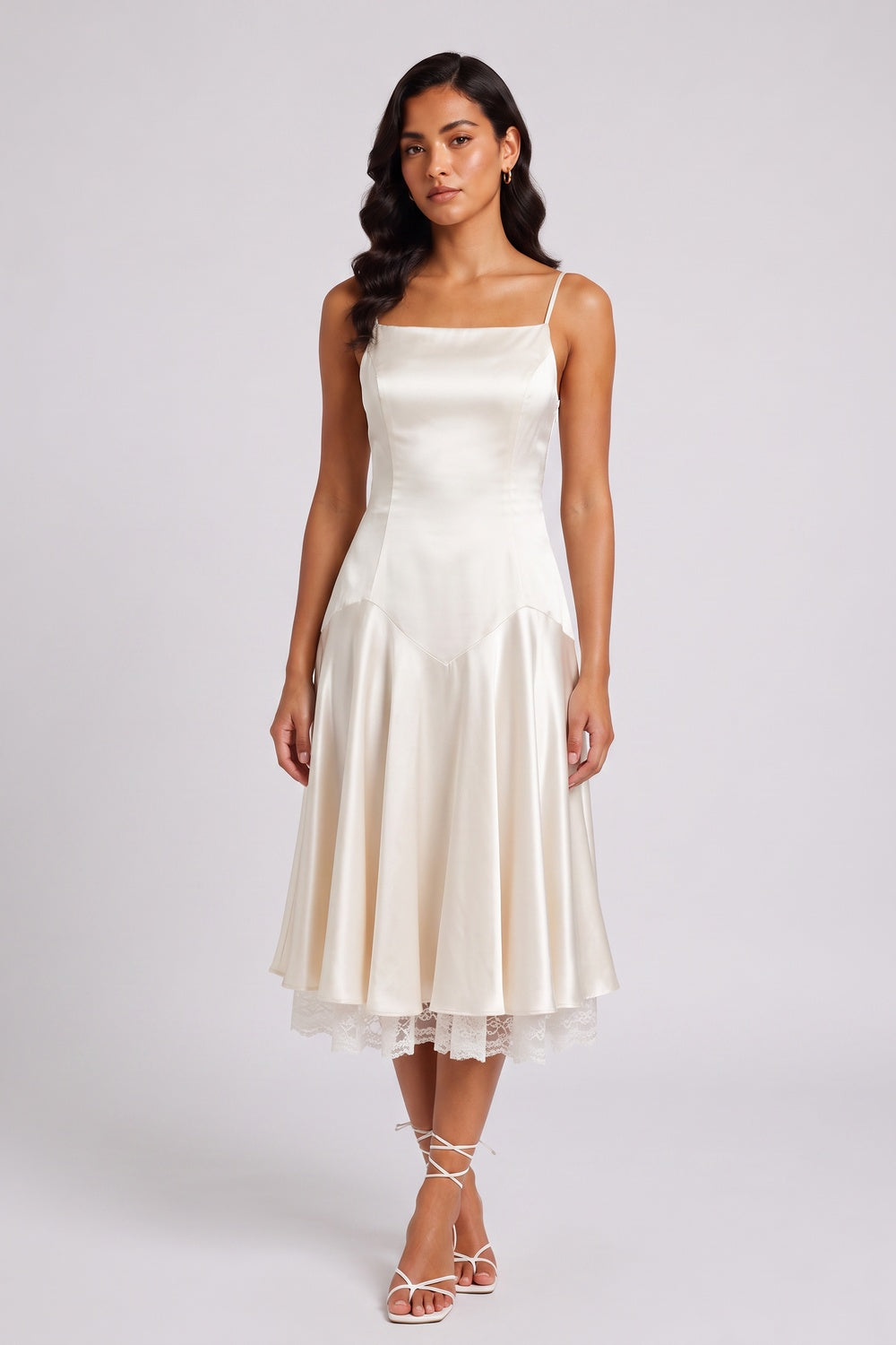 IVORY SATIN MIDI SLIP DRESS, SPAGHETTI STRAP LACE HEM