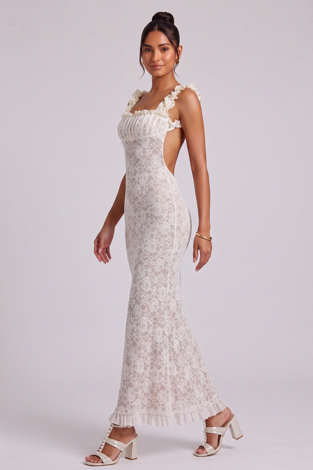 4b2a946aac3157ae WHITE LACE MAXI DRESS RUFFLED SQUARE NECKLINE WEDDING GUEST