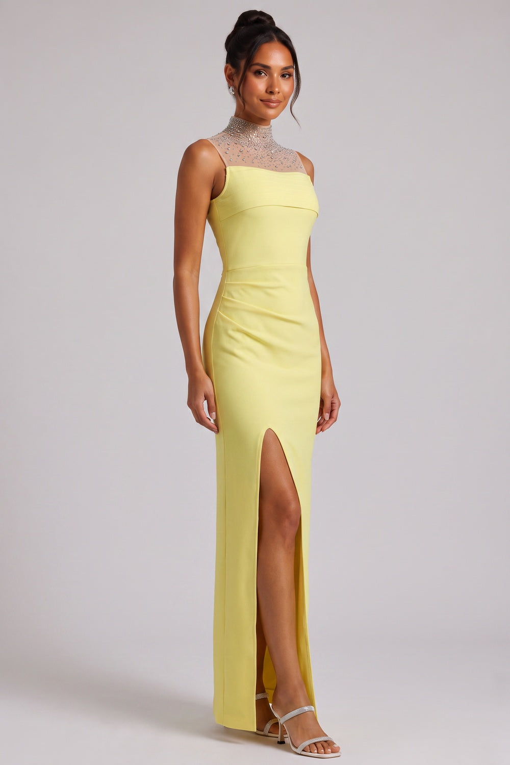 4b309451b1997605 YELLOW BEADED NECKLINE MAXI DRESS FOR EVENTS