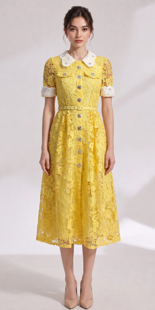 YELLOW LACE A-LINE MIDI DRESS FOR WEDDING GUEST