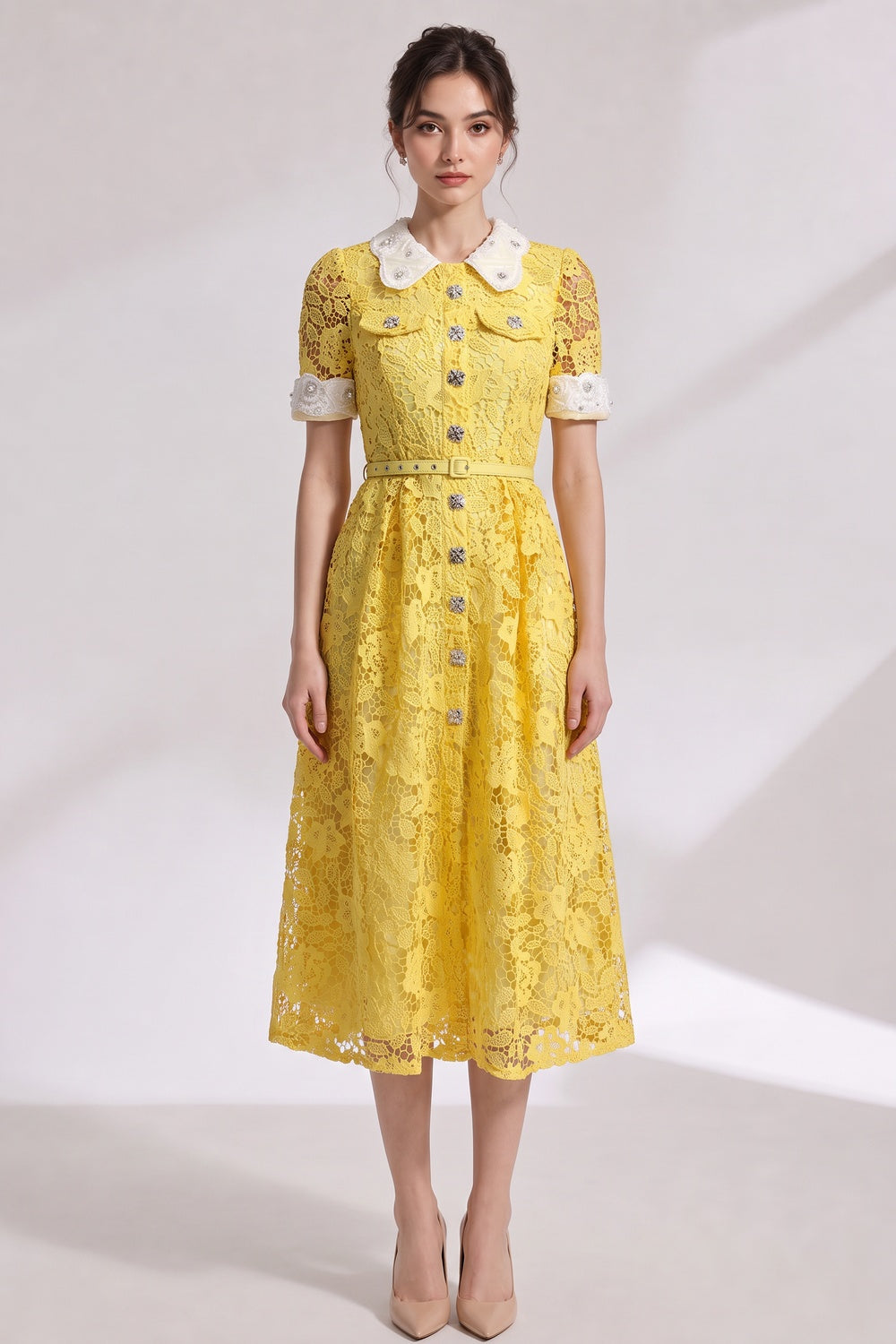 4b577e9ba2ff1cbd YELLOW LACE A-LINE MIDI DRESS FOR WEDDING GUEST