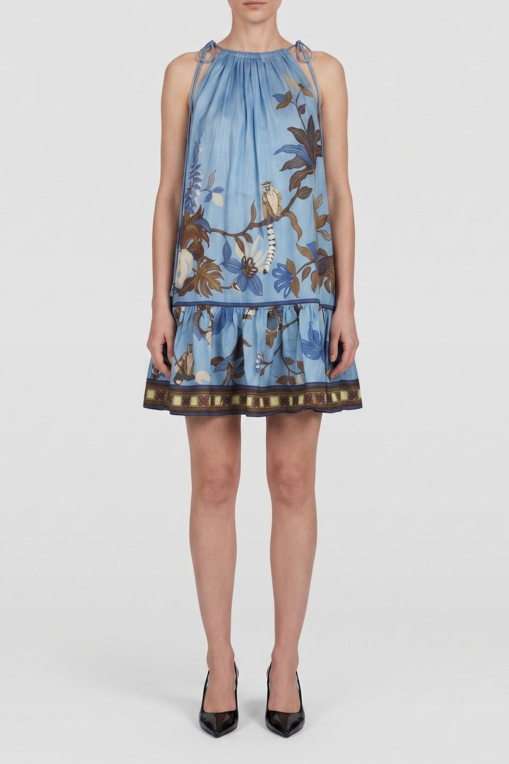 TIE HALTER JUNGLE PRINT RUFFLE MINI DRESS