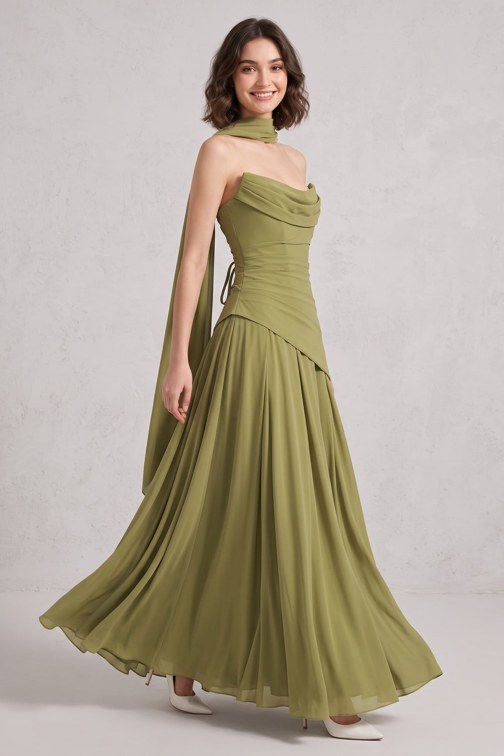 4c2f9cf44657b7bb OLIVE GREEN CHIFFON A-LINE COWL BACK GOWN