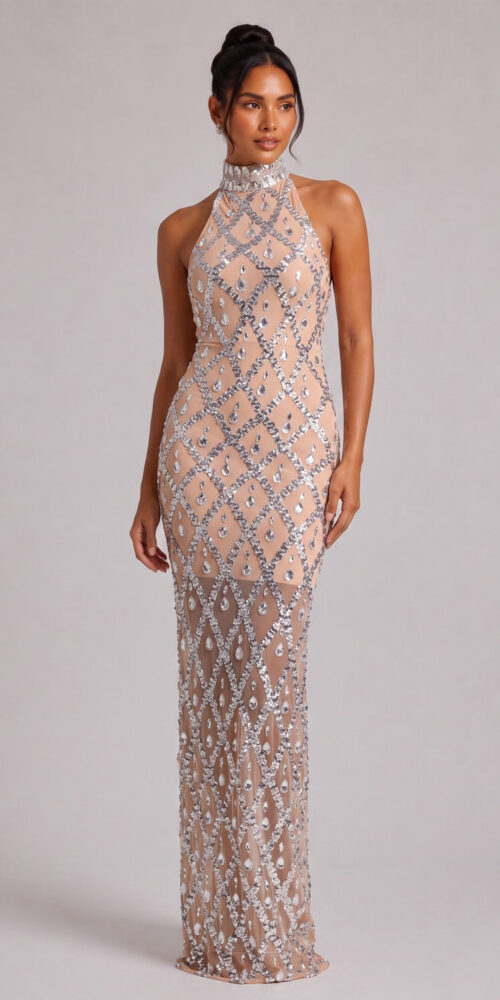 4c37d48ba222a6cf SILVER CRYSTAL HALTER GOWN, FLOOR-LENGTH EVENING DRESS