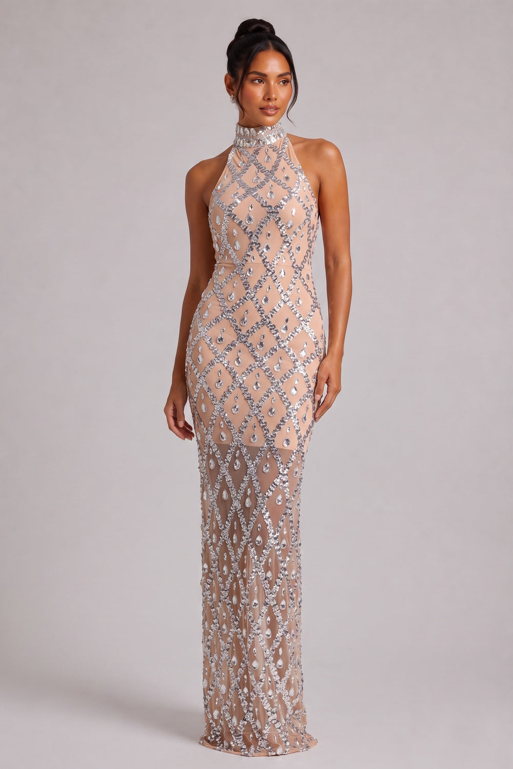 4c37d48ba222a6cf SILVER CRYSTAL HALTER GOWN, FLOOR-LENGTH EVENING DRESS