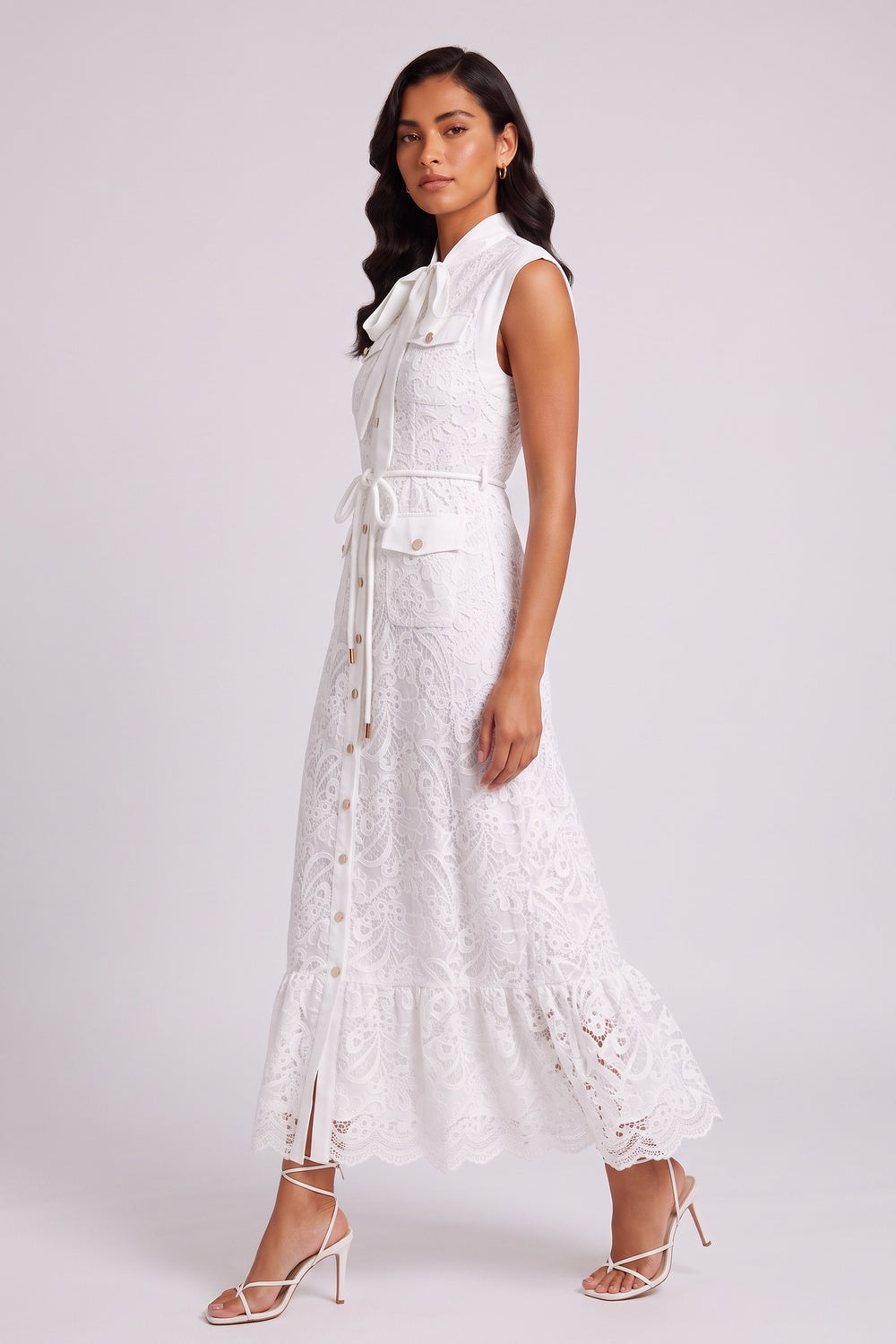 4c99324ded55c816 WHITE SLEEVELESS TIE-NECK LACE MIDI CARGO DRESS