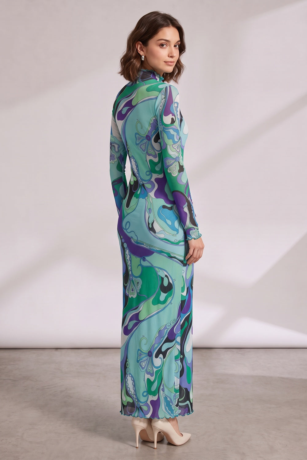 4cccd8d8fd9242e2 RETRO SWIRL MESH HIGH NECK MAXI DRESS