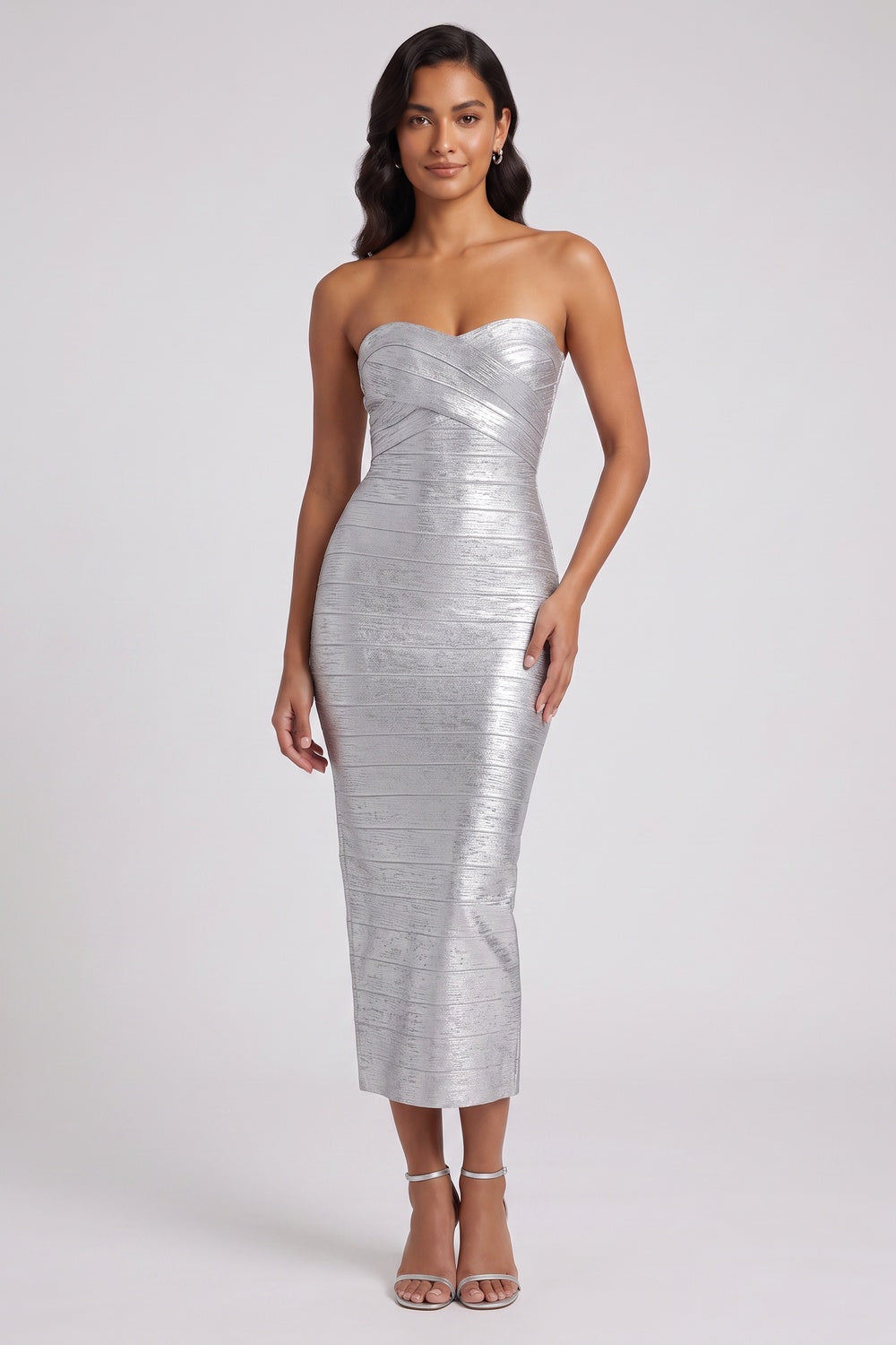 4cead6f25da34ef2 SILVER METALLIC BODYCON BANDAGE DRESS FOR NIGHT OUT
