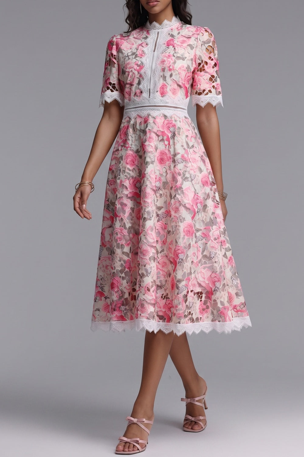 4d34eda8829df7ca PINK LACE MIDI DRESS, FLORAL CUTOUT, WEDDING GUEST