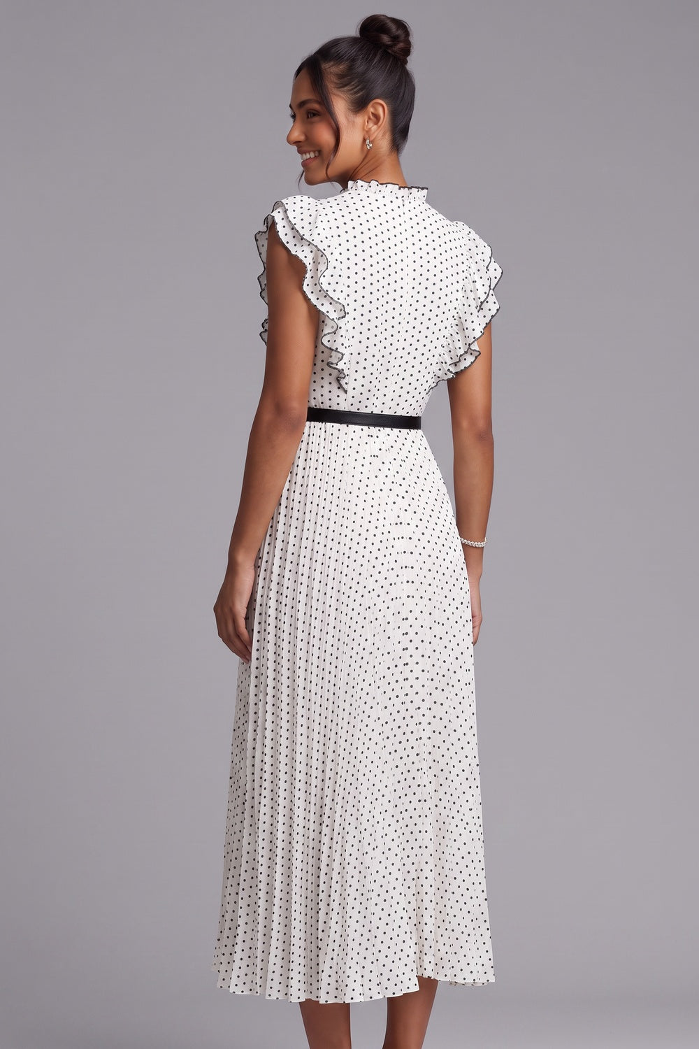 4d5219e7a97d35df POLKA DOT RUFFLE SLEEVE MIDI DRESS FOR WEDDING GUEST