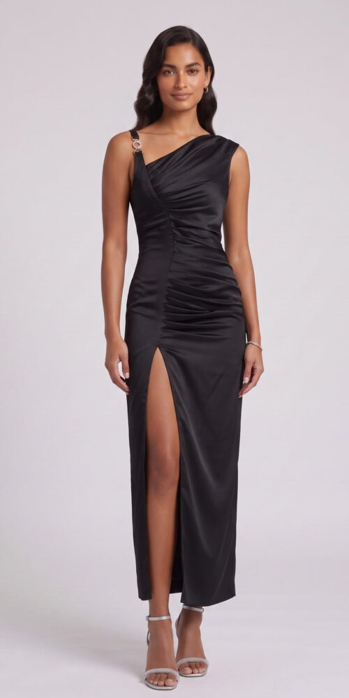 4d88b938b9e95f46 BLACK SATIN COLUMN DRESS FOR EVENING
