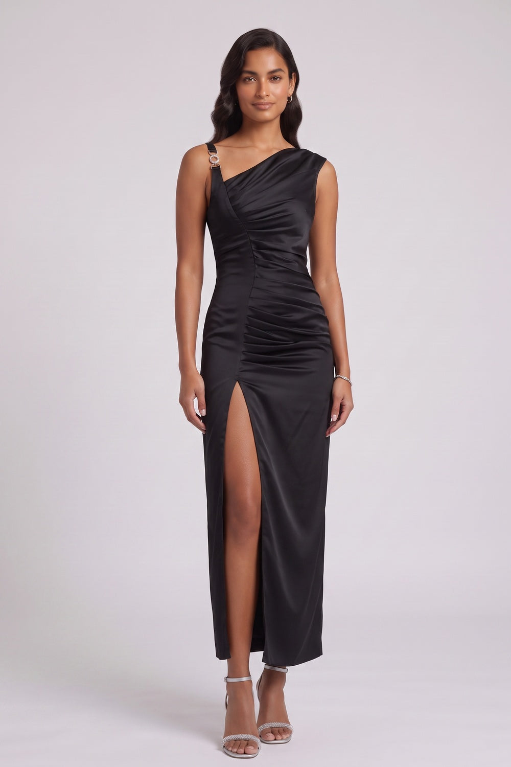 4d88b938b9e95f46 BLACK SATIN COLUMN DRESS FOR EVENING